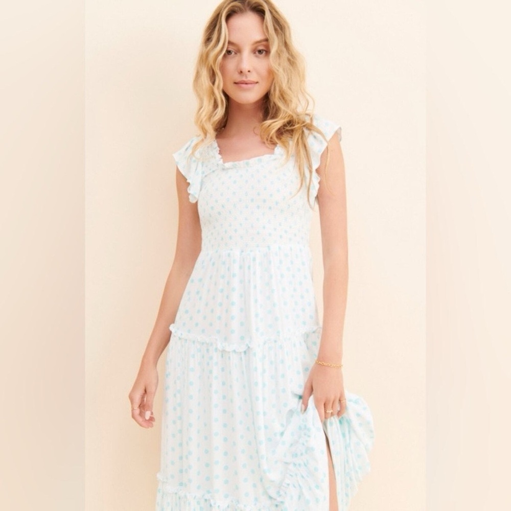 Elegant White and Blue Patterned Cotton Maxi Dress